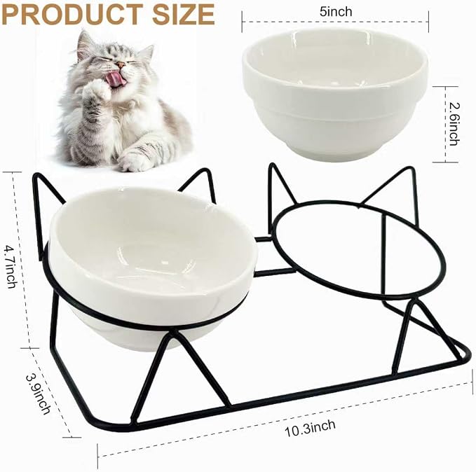 Elevated Tilted Cat Bowls for Indoor Cats，Raised Ceramic Cat Bowl Elevated 15°,Pet Feeding Bowls for Food and Water Anti Vomiting Bowl(Double Ceramics and Tilt Shelf) Suitable