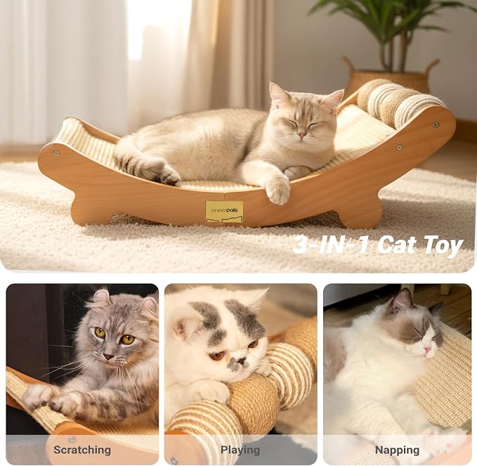 CHEERPALS Sisal Cat Scratcher Bed with Balls Wooden Cat Furniture(Large)