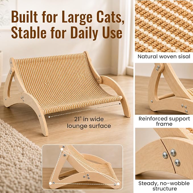 XL Sisal Cat Scratcher Bed for Large CatsStable Wood Cat Lounge21x21x10